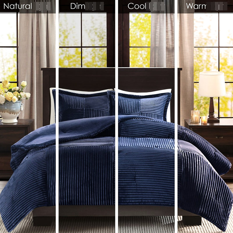 Navy King Size Down Alternative Comforter , Filling, Ribbed Face, Solid Reverse, Machine Washable, 1 And 2 Shams Front,