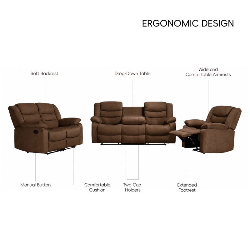 3-Piece Modern Suede Upholstered Soft Reclining Living Room Set, Brown