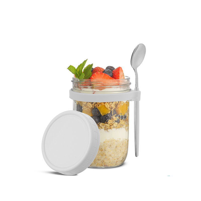 Bocaux avec couvercles et cuillères Brightware Dawn Overnight Oats - 16 oz - ensemble de 3, Blanc