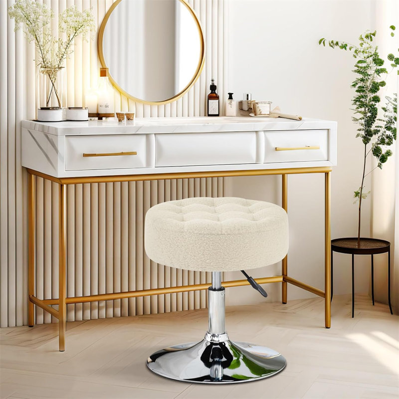 Modern Swivel Adjustable Height Accent Stool, Beige Boucle