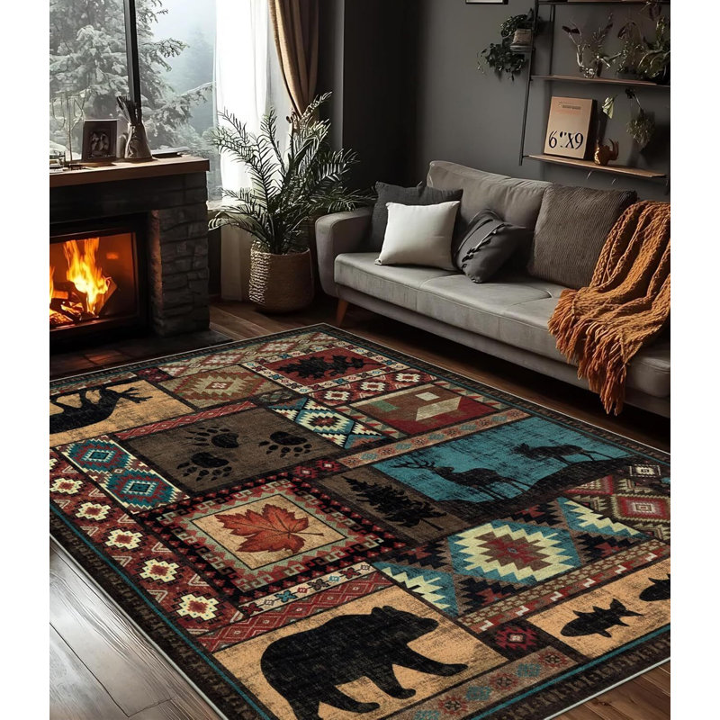 Tapis rustique lavable en machine avec motifs animaliers Rustic Lodge, Rectangle 6 pi x 9 pi