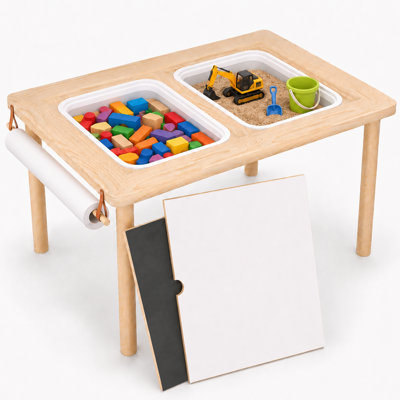 Table d'activités pour tout-petits avec 2 bacs sensoriels amovibles, plateaux double face, rouleau de papier à dessin et support, table de jeu en bois pour enfants