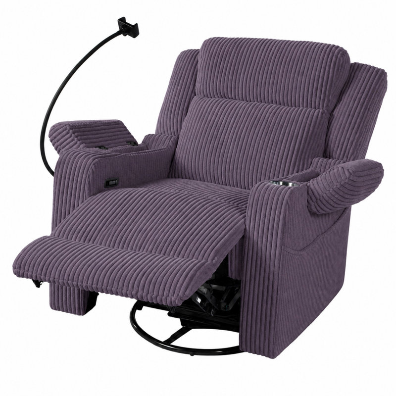 37'' W Upholstered Power Recliner With Massage And Heating, Purple Corduroy