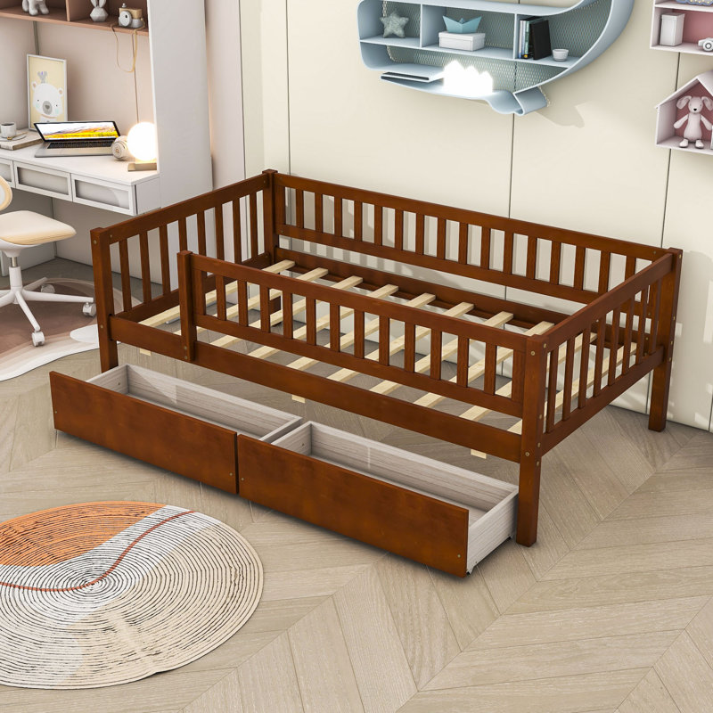 Lit en bois avec deux tiroirs, Noyer, Simple