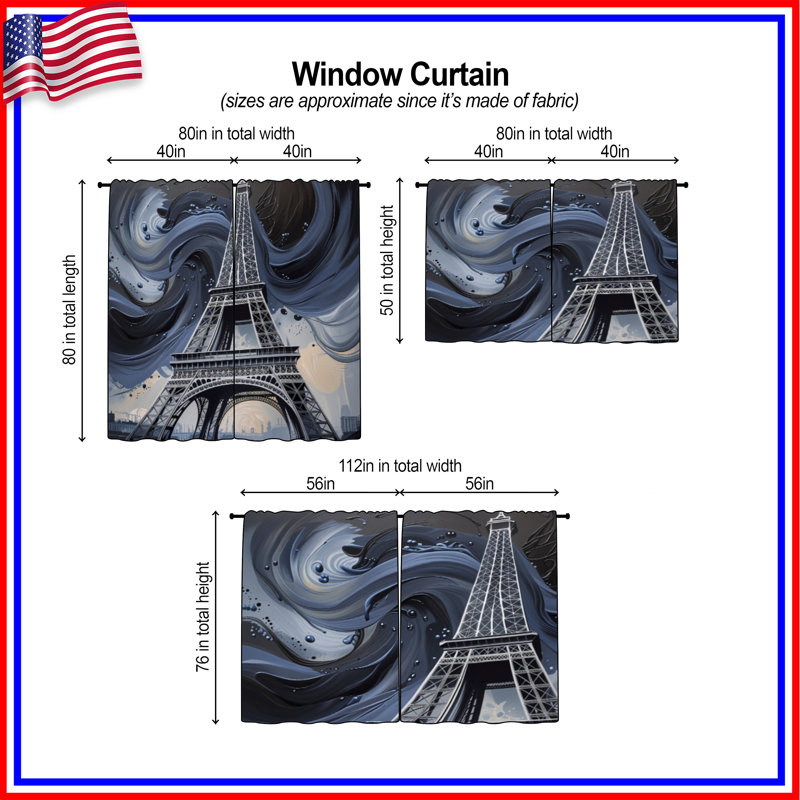 Rideaux de fenêtre Tour Eiffel obscurcissant et obscurcissant - 2 panneaux, 40in x 50in - 2 panels, Transparent