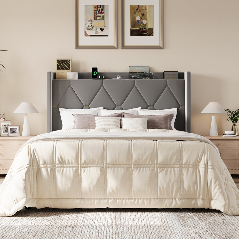 Lit tapissier moderne en velours capitonné avec station de charge et tablette de rangement, aucun sommier nécessaire, Gris