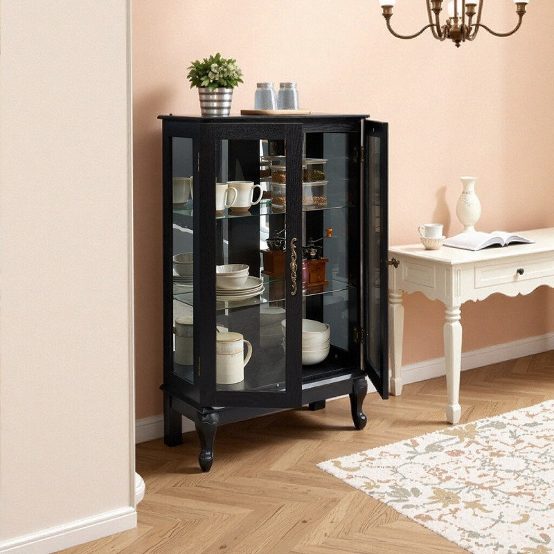 Elegant Light Oak Curio Cabinet with Tempered Glass Doors, LED Light, Mirrored Back Panel & Adjustable Shelves – Perfect Display Storage for Home & Office