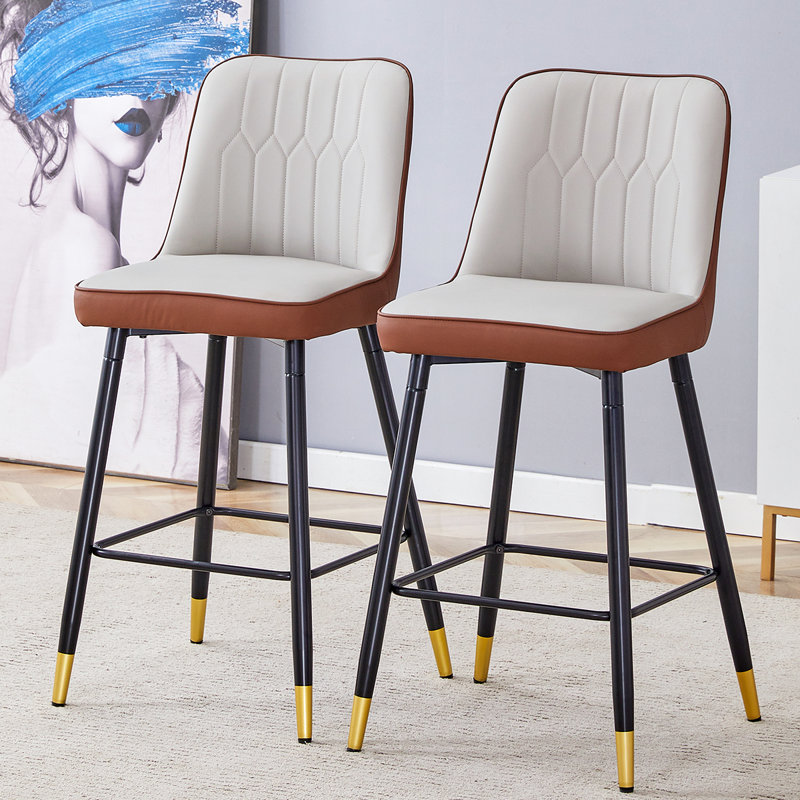 Bar Stools Set of 2,Counter Height Bar Stools with Back,Modern Faux Leather Kitchen Stools, Brown/Gray/Black, 2