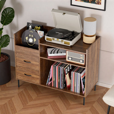 Support pour tourne-disque avec tablettes réglables, peut contenir plus de 350 vinyles, console multimédia avec tablette de haut-parleur et 2 tiroirs, meuble télé 27,6 po