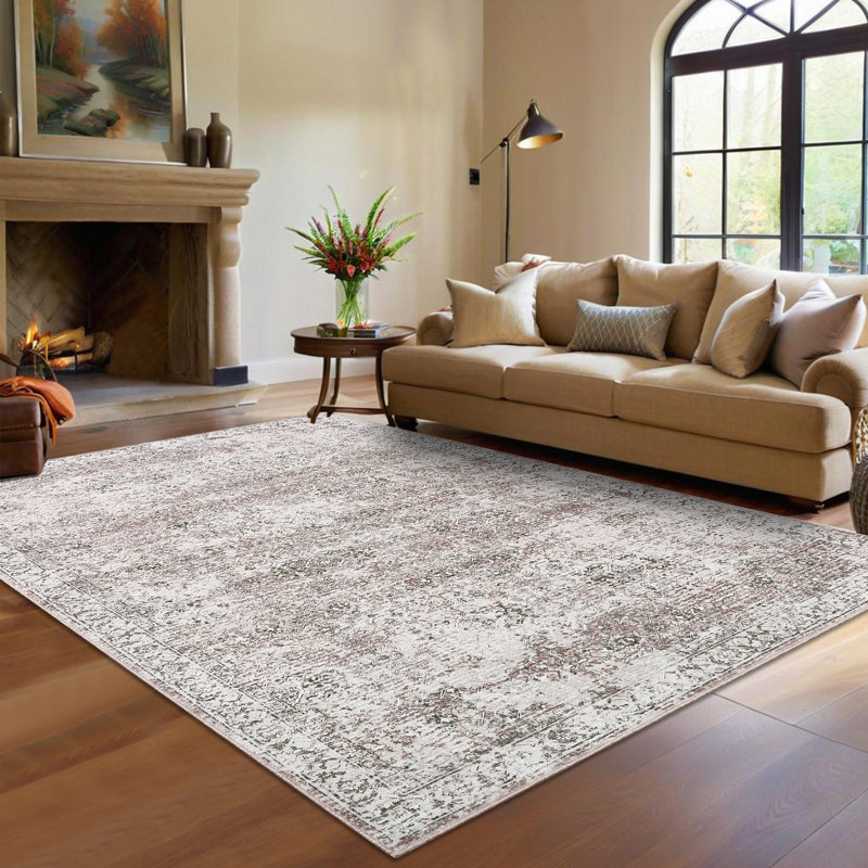 Washable Area Rug Vintage Rug Non Shedding Non Slip Rug Soft Low Pile Thin Rug, Distressed Floral Rug, Retro Oriental Rug, Decorative Printed Rug for Living Room Bedroom