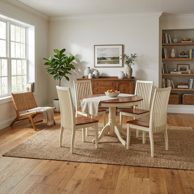 Ensemble de salle à manger rond 5 pièces en bois asiatique fini acajou : table sur pied central avec dossier à échelle et chaises de salle à manger en bois.