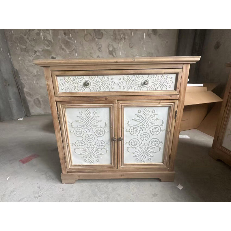 Rustic Vintage Accent Cabinet With Carved Floral Panels, Distressed Wood Sideboard With Drawer And Double Doors, Farmhouse Storage Cabinet For Living Room, Entryway, Or Bedroom