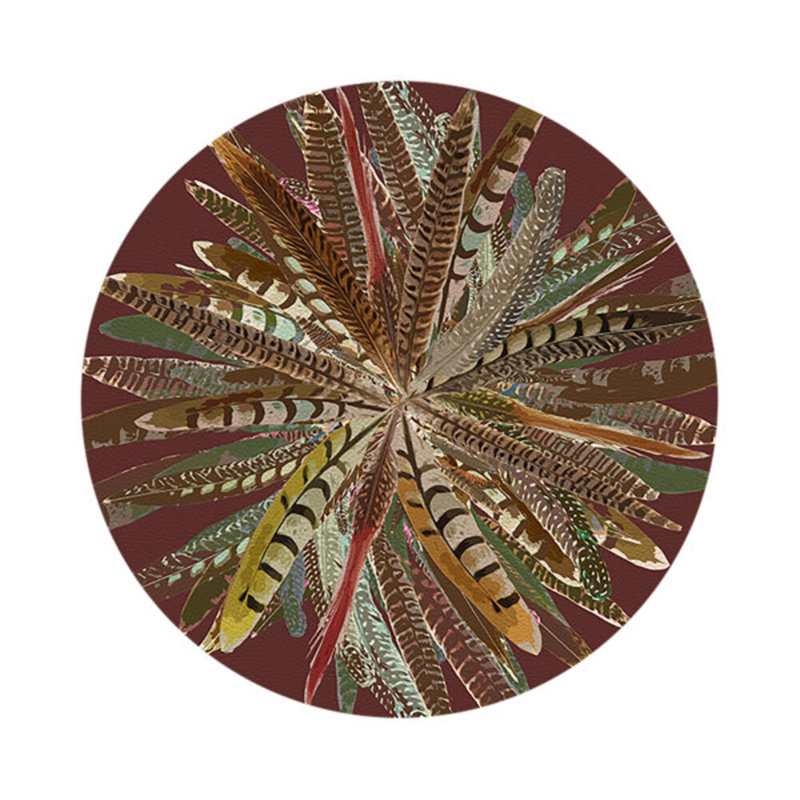Pheasant Feathers Vegan Leather Round Pebble Placemat, Porto