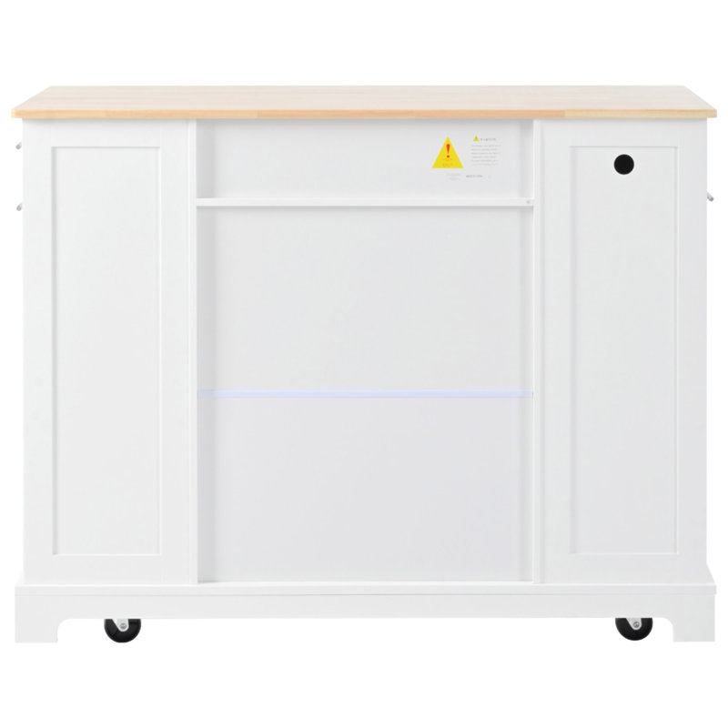 Fluted Kitchen Island With Trash Can Storage Cabinet, Power Outlet, Internal Storage Rack, Rolling Kitchen Islands On 5 Wheels With 3 Drawer, 3 Open Side Racks For 10 Gallon Garbage Bin