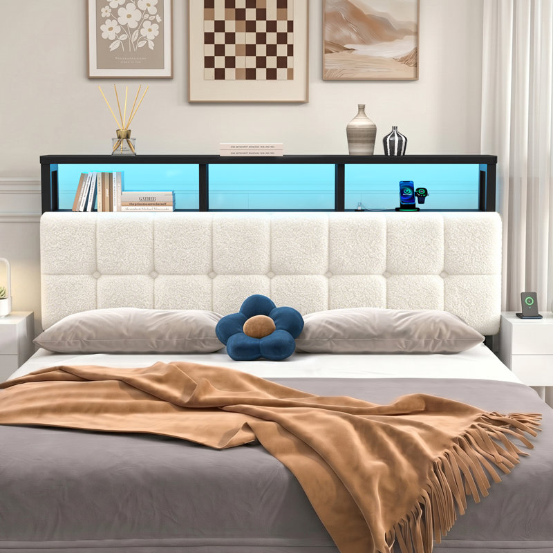 Upholstered Storage Headboard With Built-In Charging Station, LED Light Strip, Hidden Drawer And Shelf – Tufted Button Design