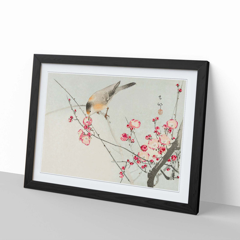Songbird on a Blossom Branch by Ohara Koson - Picture Frame Painting Print, Black Framed, 36cm H x 48cm W x 2cm D