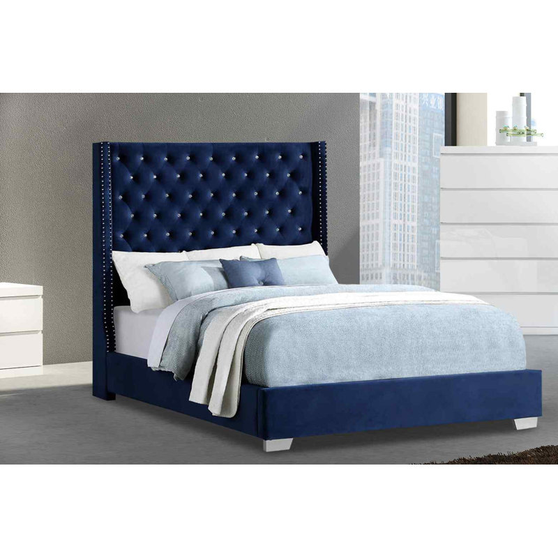 Upholstered Velvet Bed, Small Double (4'), Blue
