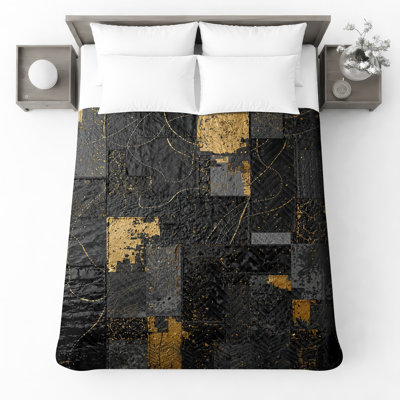 Black Gold Abstract Patchwork Quilted Bedspread All Sizes