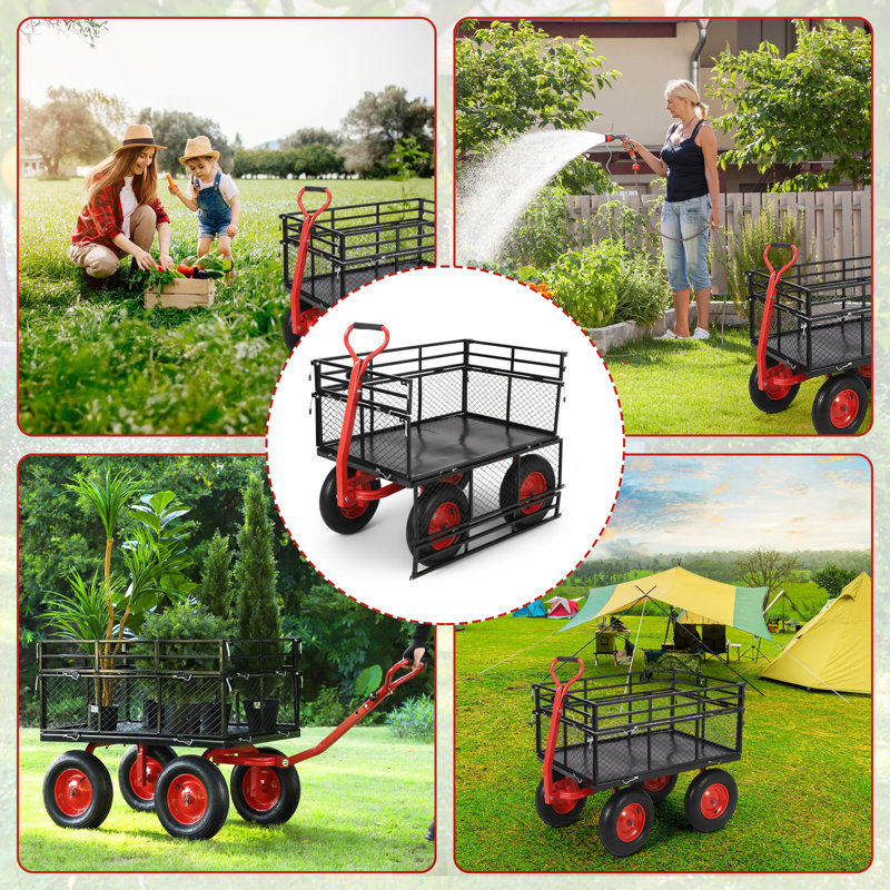 Chariot de jardin robuste en acier - Chariot utilitaire d'une capacité de 1400 lb - Roues tout-terrain de 16 po - Conception 3-en-1 avec côtés en filet amovibles et poignée 2-en-1 - Chariot à benne polyvalente (1400 lb)