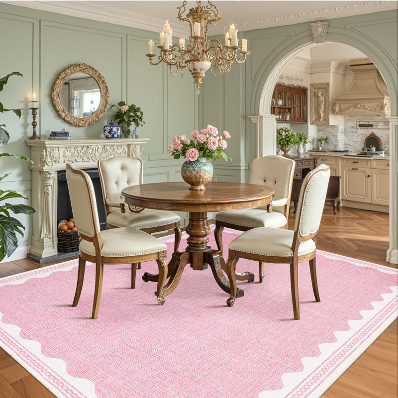 Scalloped Machine Washable Rug Modern Solid Floor Mats with Non-Slip Backing, Stain-Resistant Low Pile Accent Rug, Contemporary Indoor Carpet for Living Room, Bedroom, Office