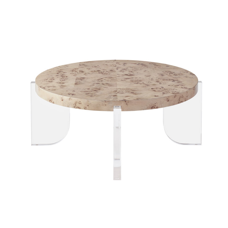 Beige Burl Wood and Acrylic Round Cocktail Table