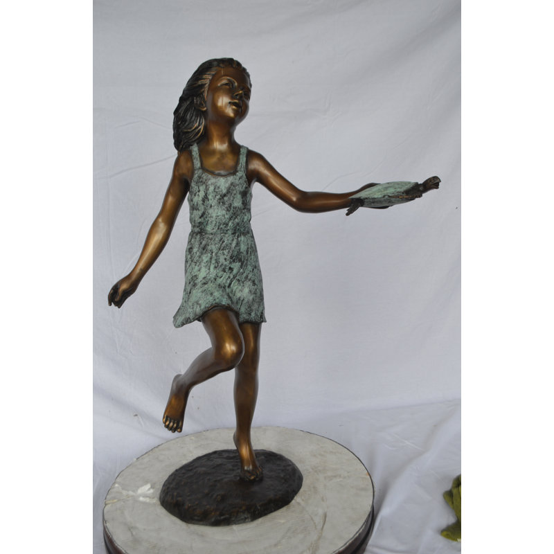 Copper and Metal Girl holding turtle bronze fountain statue -  Size: 26"L x 19"W x 37"H.