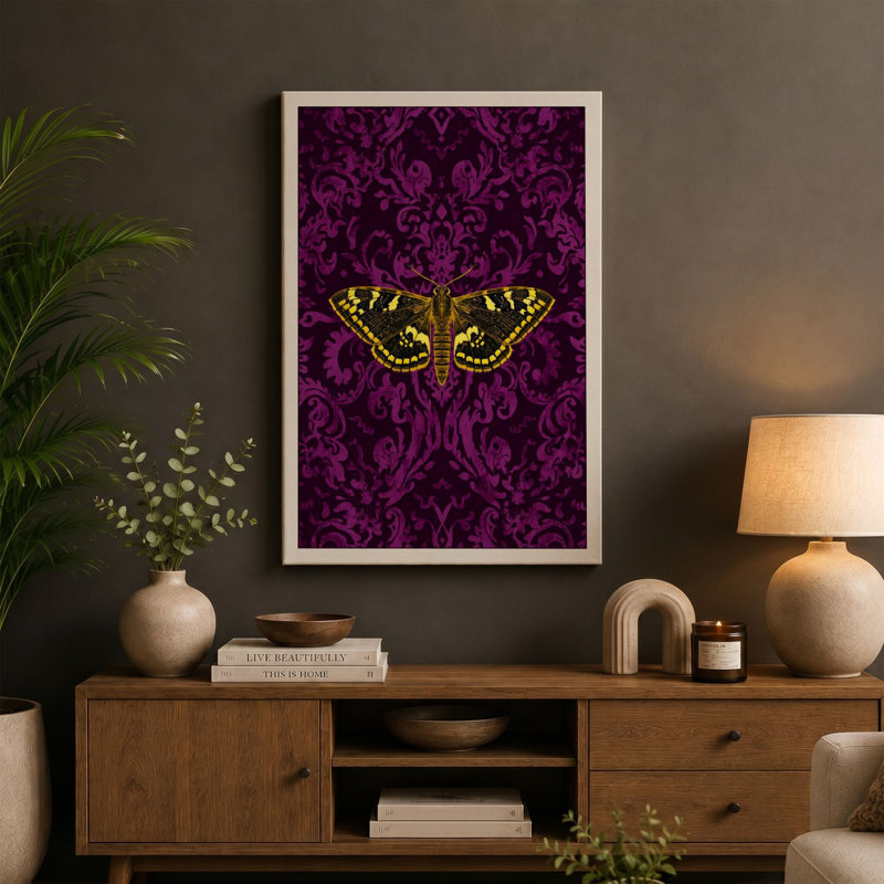 Butterfly on Damask Maximalist - Wrapped Canvas, 30x20 - 76.2 x 50.8 cm, Taupe Border