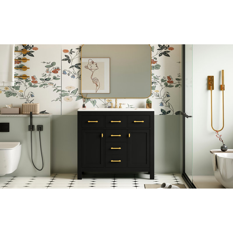 Armoire de salle de bain 36 po avec lavabo en céramique, 4 tiroirs et 2 armoires, style moderne, structure en bois massif, teinte noire