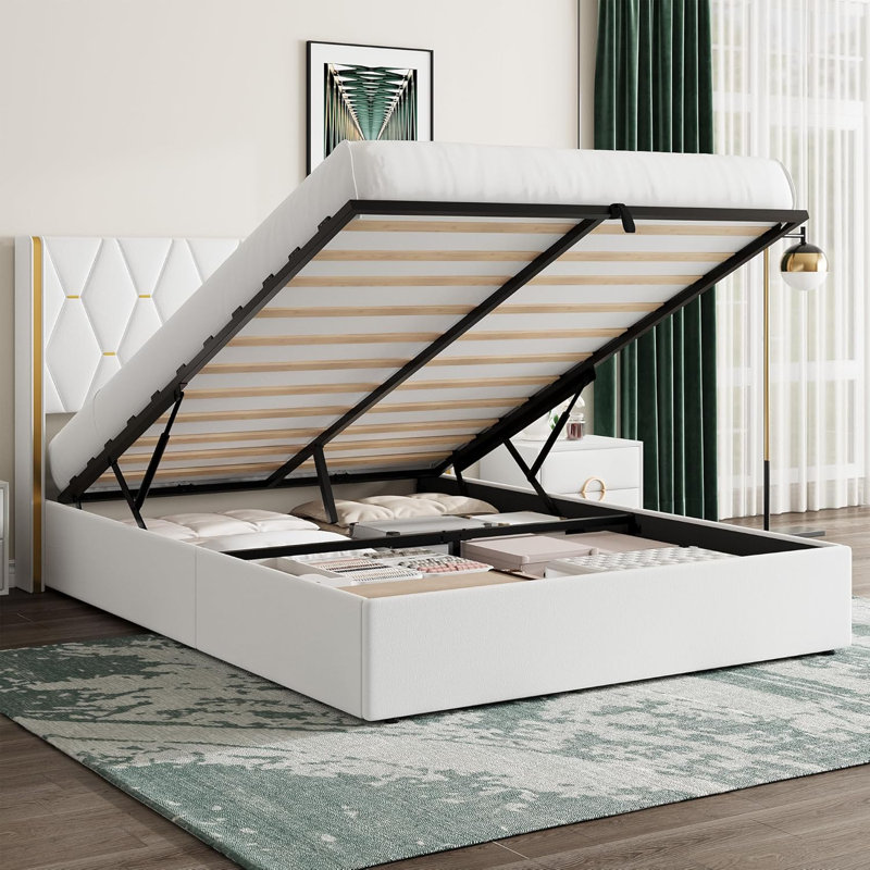 Full/Queen Size Lift-Up Storage Bed Frame, Upholstered with Diamond Tufted Wingback Headboard & Gold Trim, No Box Spring Needed