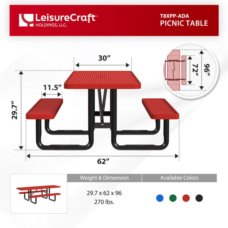 Table de pique-nique extérieure avec 2 sièges et 8 pieds ADA de Leisure Craft, Rouge