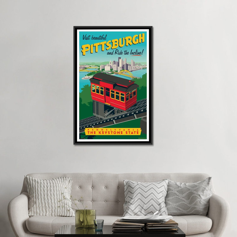 Affiche de voyage inclinée Pittsburgh par Jim Zahniser-impression d’art graphique, Pas de tapis, Toile avec cadre noir