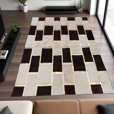 Modern Black And Cream Plush Area Rug With Gold Lines_3 X 5 Ft