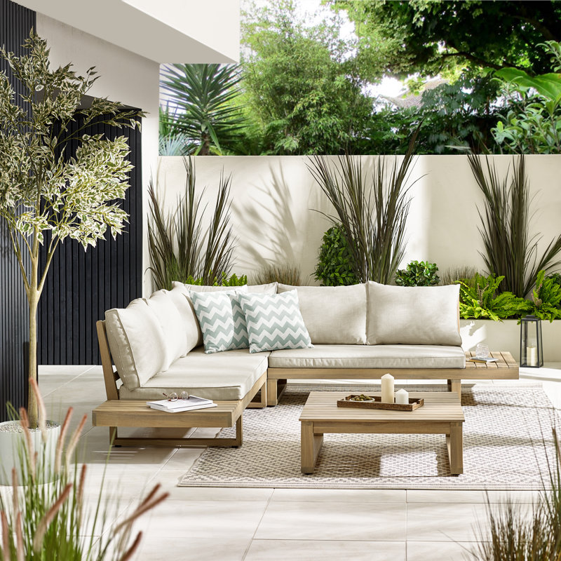 Temmy Solid Wood 6 Seater Garden Sofa Set & Coffee Table - Outdoor Patio Lounge for Modern Garden, Beige/Natural