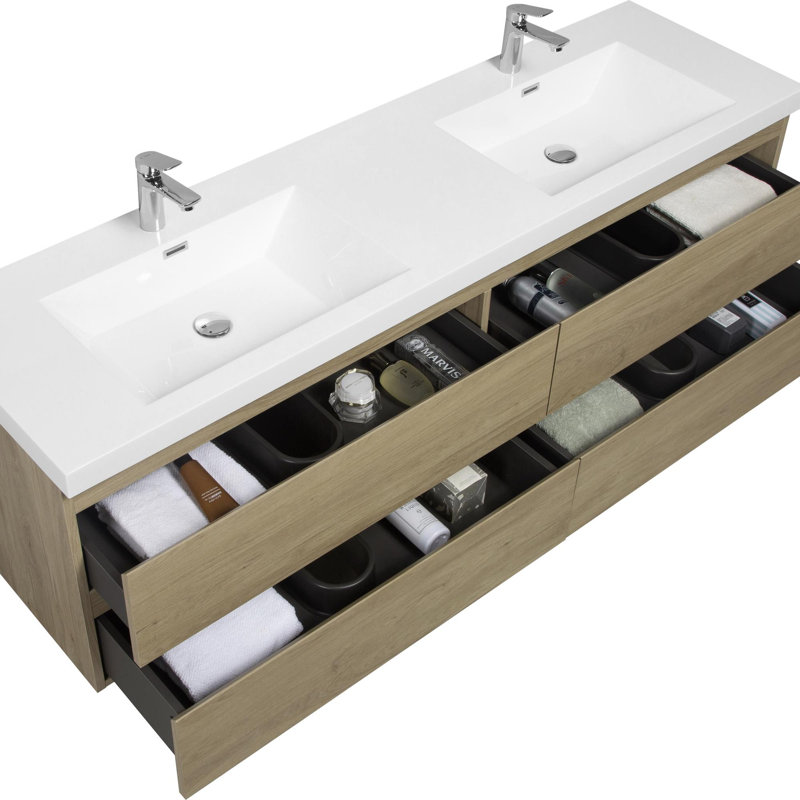 Meuble-lavabo de salle de bain avec 4 tiroirs à fermeture en douceur, Chêne