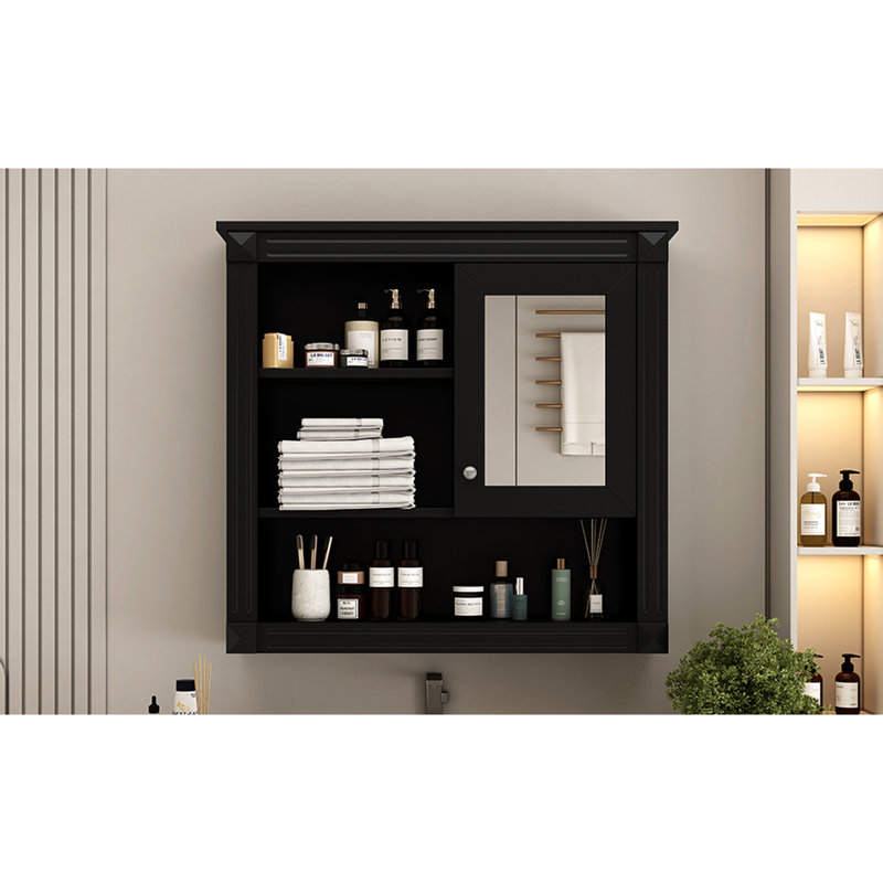 Wall Mounted Bathroom Cabinet With Mirror And 4 Adjustable Shelves, Perfect For Over Toilet Storage And Organization, Black