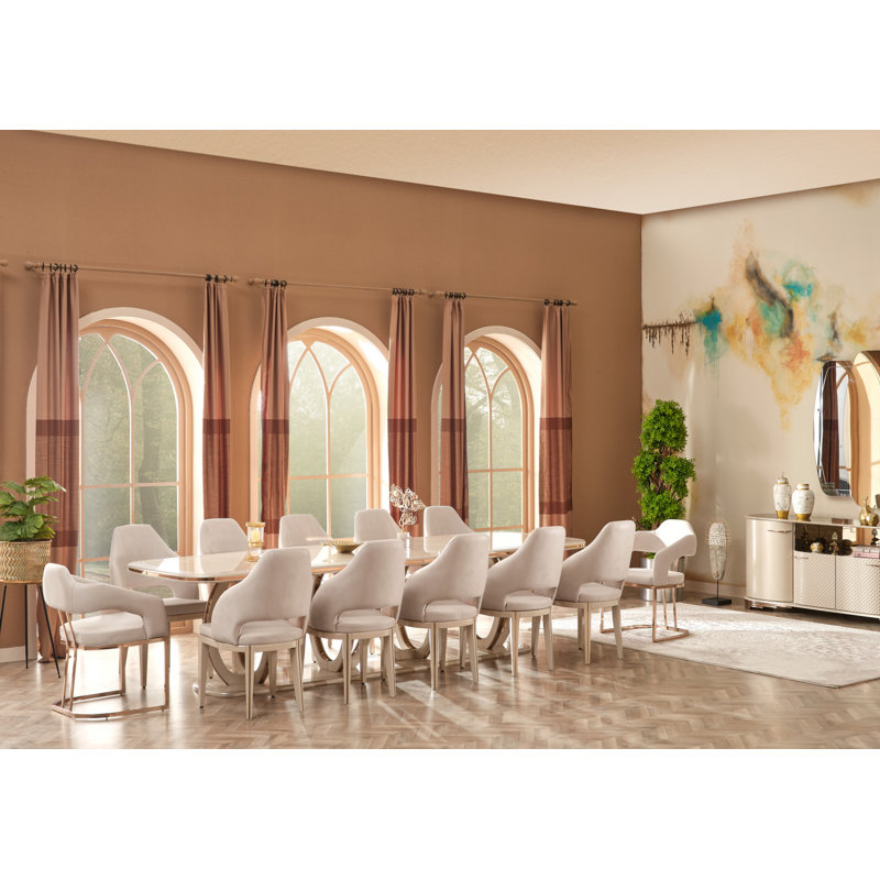 Luxurious Beige Velvet Dining Set With Gold Accents – Multiple Seating Options Available, 31"H x 130"L x 43"W, 13