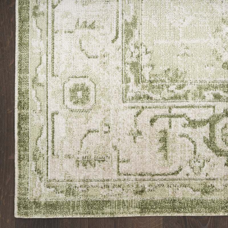 Tapis oriental ivoire / vert en polyester tissé à la machine Haydel, Tapis de couloir 2 pi 2 po x 10 pi