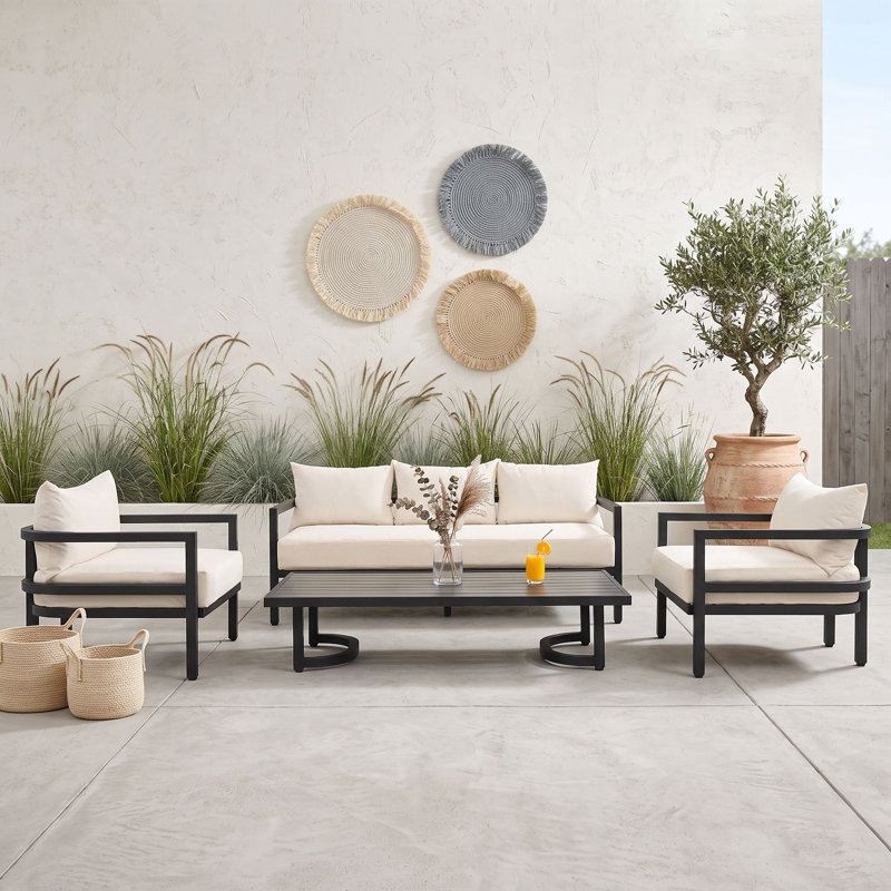 Ensemble de canapé d'extérieur en bois avec table basse, sièges et coussins, Beige