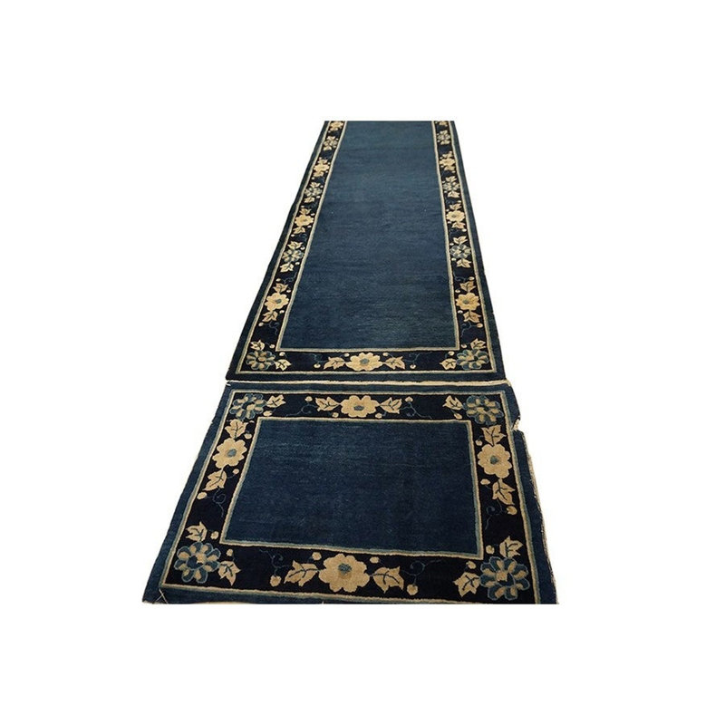 1920s Navy Blue Solid Minimalist Deco Antique Chinese Peking Runner Rug 3'3" x 18'1" Runner