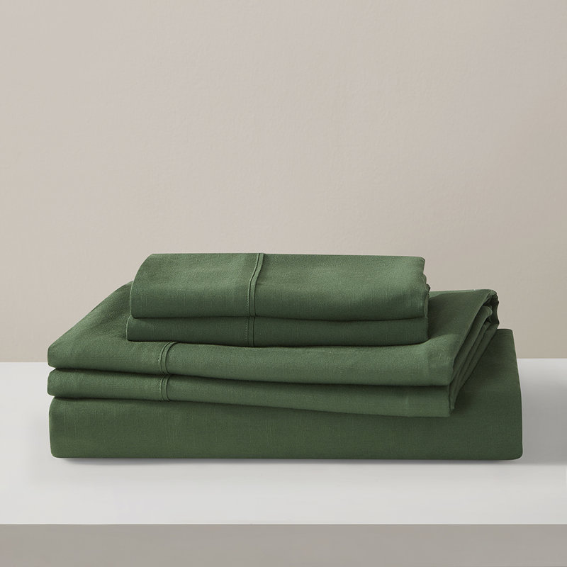 Ensemble de draps en bambou et lin, Vert forêt, Ensemble de draps pour grand lit avec 2 taies d'or