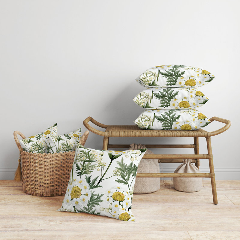 Coussin Millefolium, Blanc / Vert / Jaune, H 20 po x l 20 po