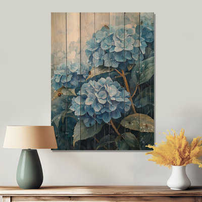 Hortensias dans un champ de pluie I - Art mural en bois d'hortensias - sur bois de pin naturel