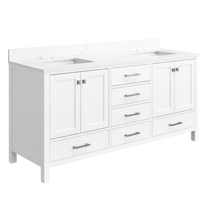 Armoire de rangement de salle de bain en bois massif de 72 pouces, conception à 2 cuves, look épuré, meuble-lavabo léger avec cadre 72 po, comptoir blanc, fermeture en douceur, fabrication
