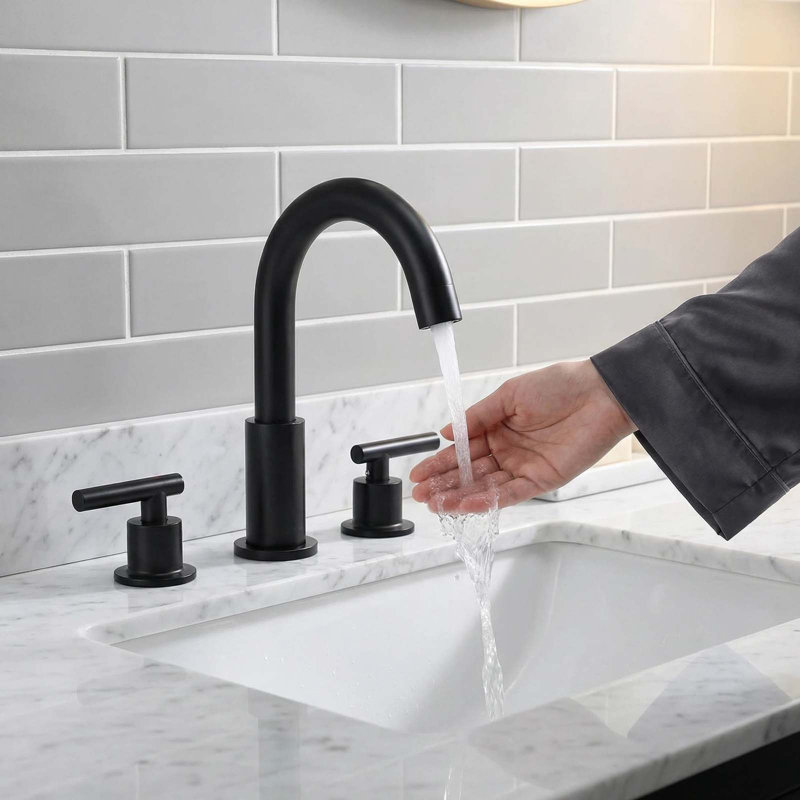 Moderne 8 po Robinet de salle de bain à poignée double à 3 trous avec drain escamotable, Noir mat