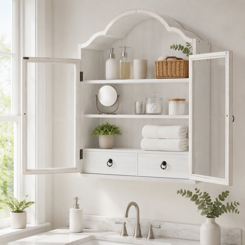 Solid Wood Wall Cabinet with Elegant Wave, White