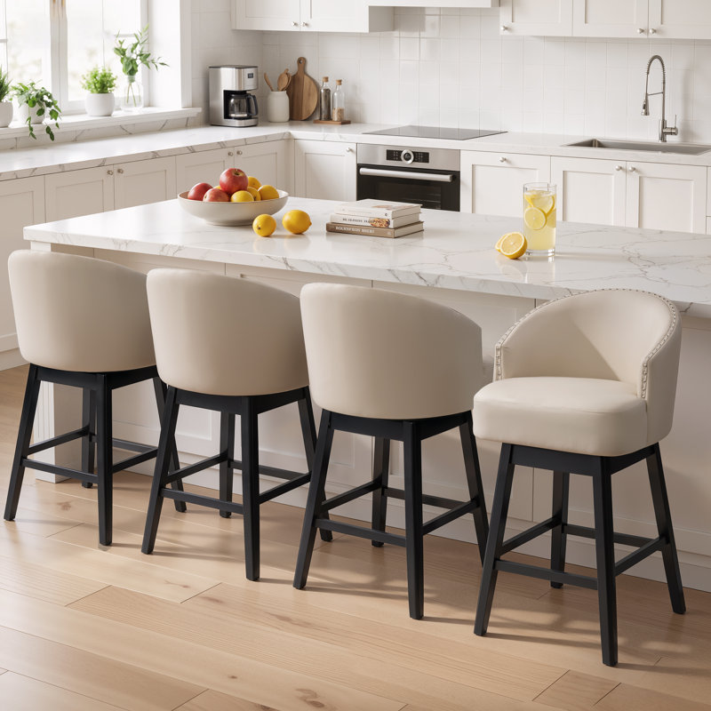 Tyleia 30" Swivel Faux leather Upholstered Bar Stools with Solid Wood Legs, Beige, Bar Stool (30" Seat Height)