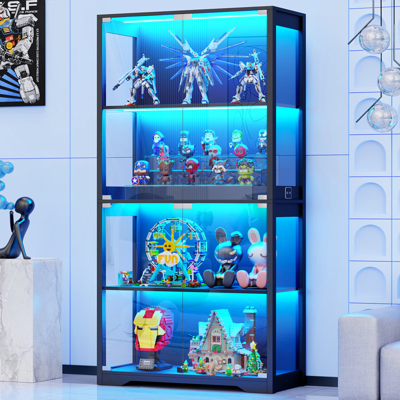 Display Cabinets with Glass Doors & 3 Color Lights,Black