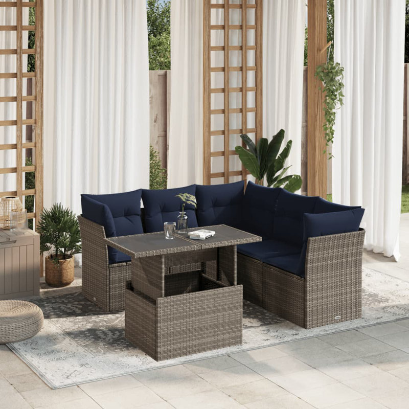  Ensemble de canapé de patio 6 pièces avec coussins en rotin de polyester brun, Gris, Marine