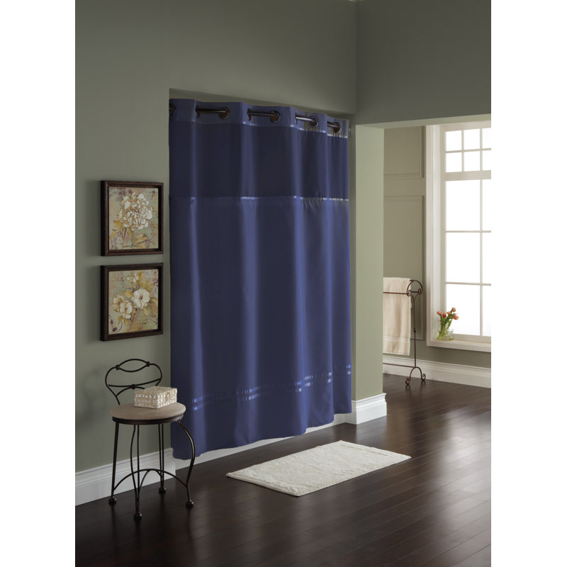 Hookless Escape Shower Curtain, 3-in-1 Shower Curtain Includes Fabric Shower Curtain with Sheer Top Window, Flex-on Rings & Fabric Liner, 71 In Wide x 74 In Long, Navy