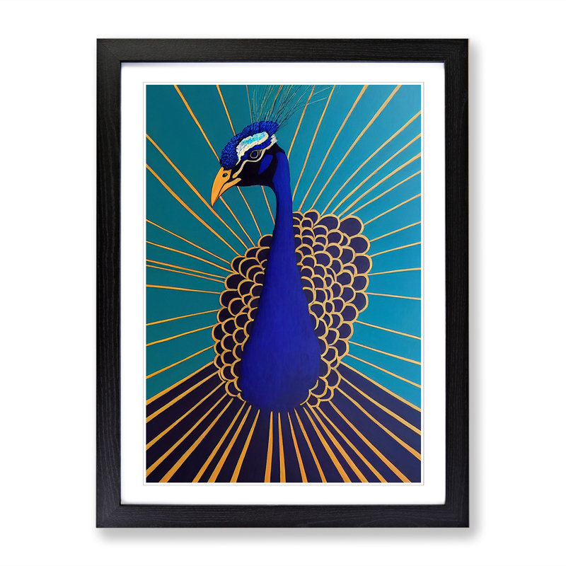 Peacock Minimalism - Single Picture Frame Painting, 64cm H x 46cm W x 2cm D, Oak
